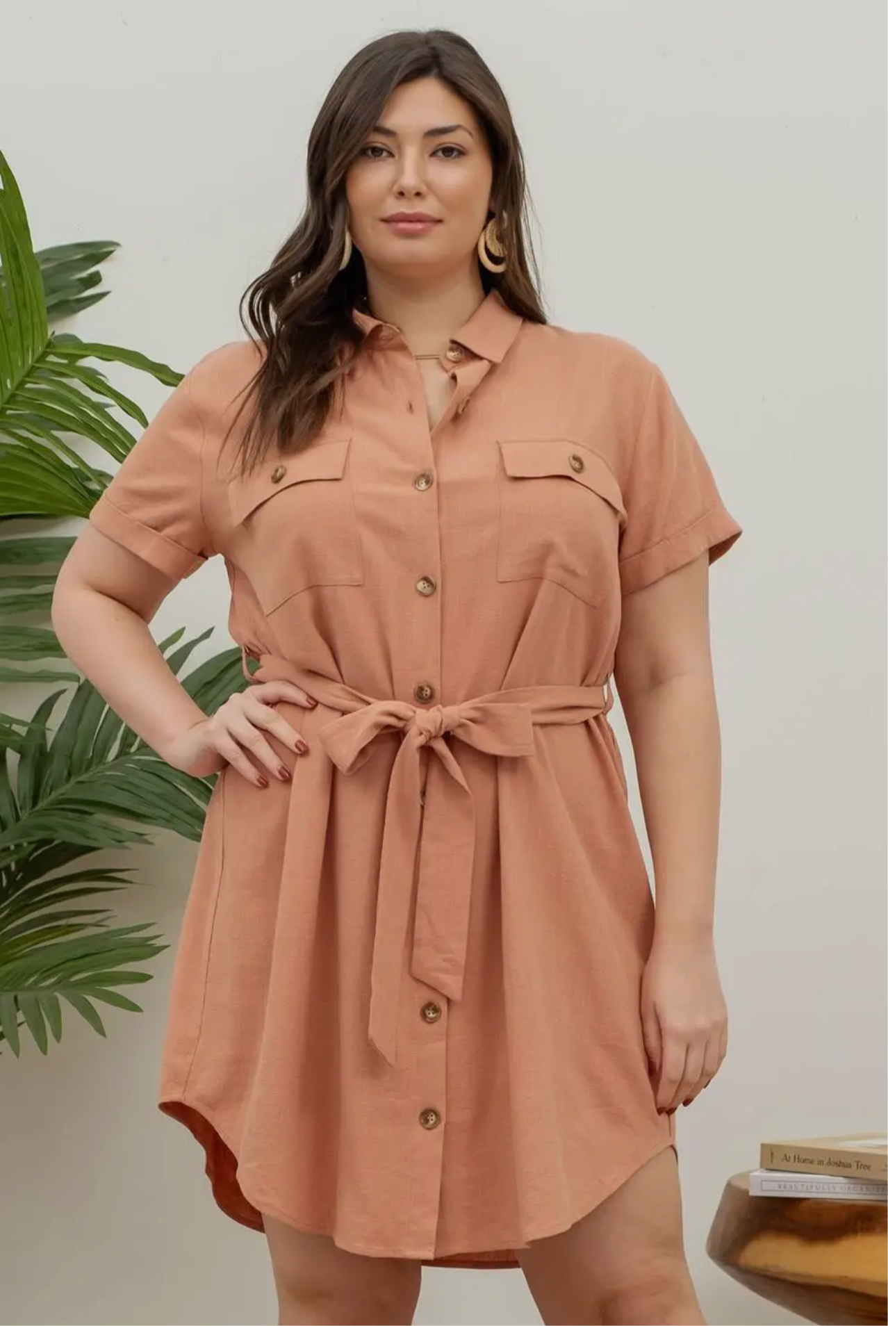 Plus Collared Button Down Belted Mini Dress Sienna