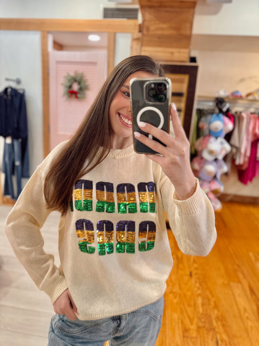 Mardi Gras Sequin Lettering Knit Top