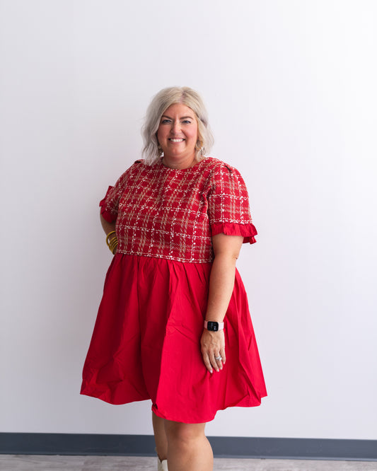 Dramatic Poise Tweed & Poplin Dress