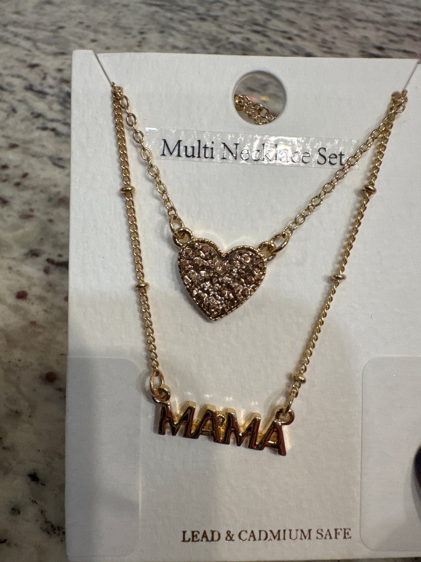 Mama Pendant and Druzy Stone Heart Set Necklace Rose Gold
