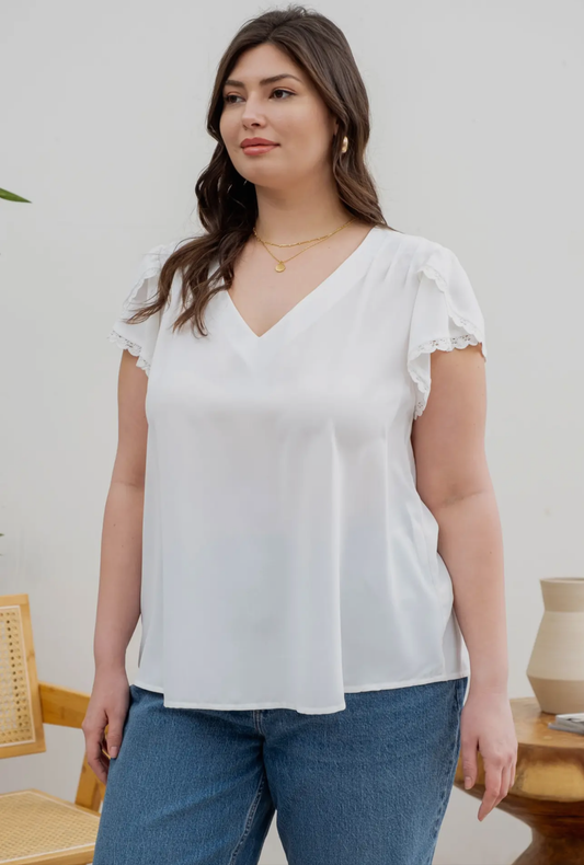 Plus V Neck Scallop Lace Trim Tulip Sleeve Blouse White