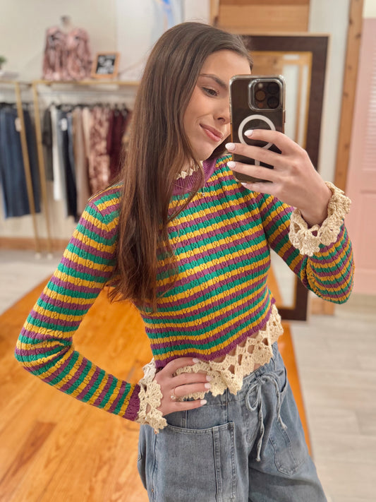 Mardi Gras Stripe Sweater Top with Crochet Edge