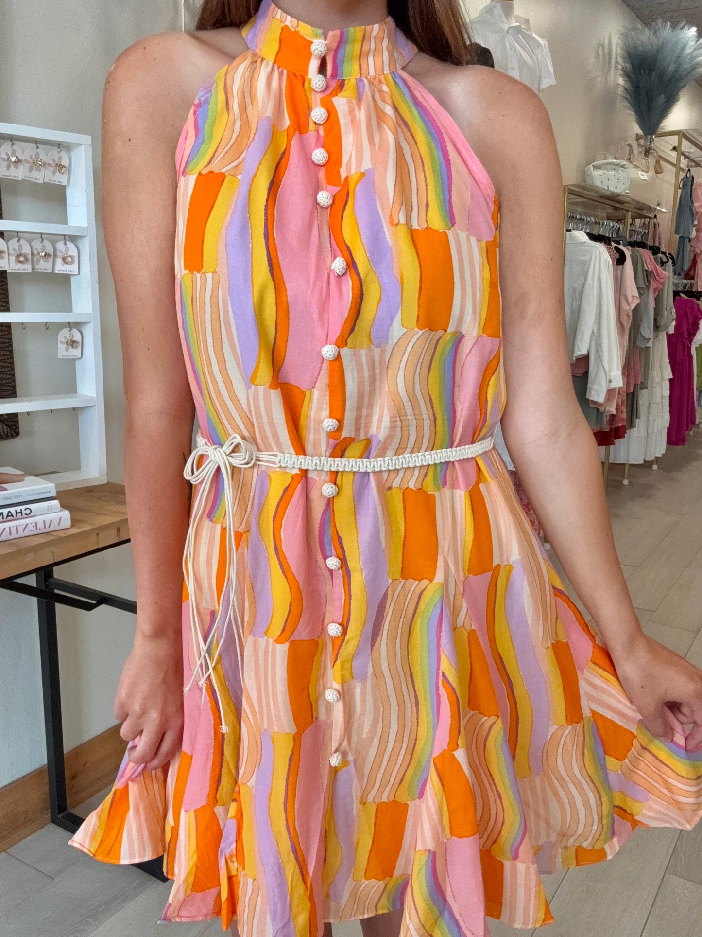 Abstract Allure Halter Neck Dress With Belt