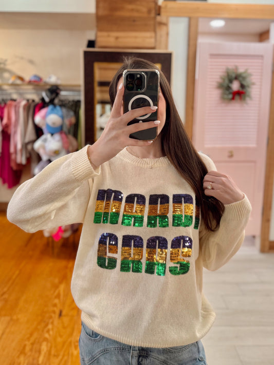 Mardi Gras Sequin Lettering Knit Top
