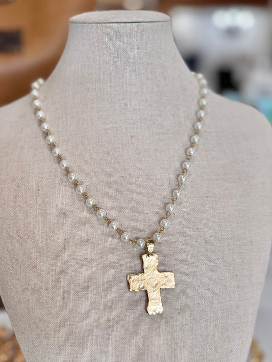 Grace & Gleaux Pearl Cross Necklace