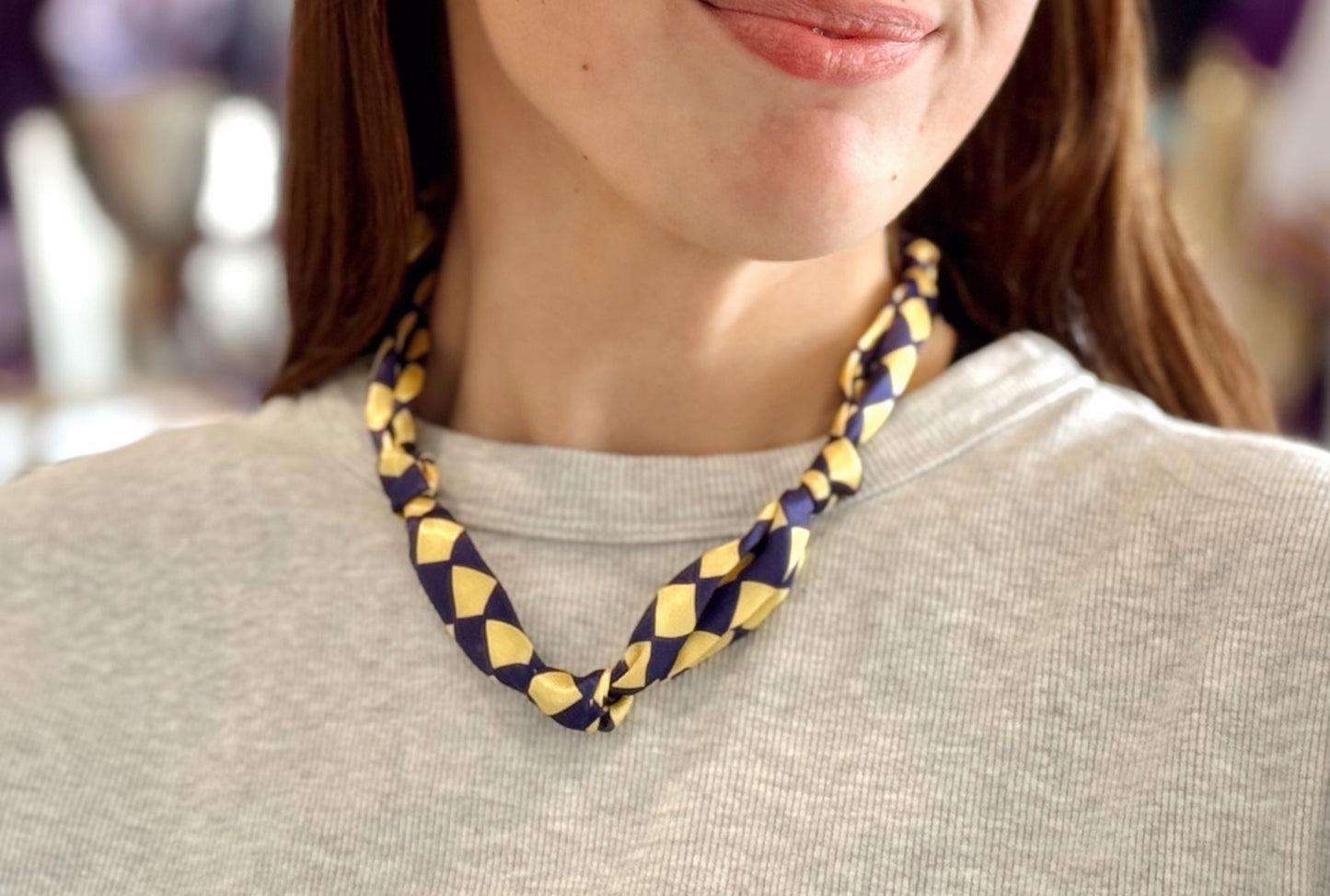 Yellow and Purple Gameday Silk Knotted Scarf Necklace