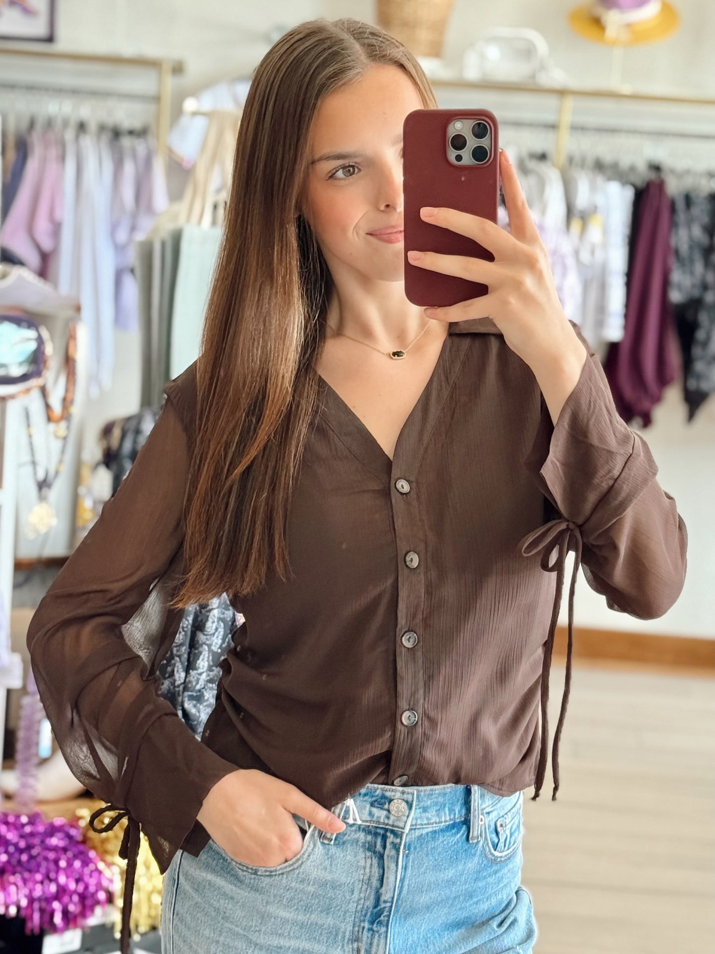 Mocha Sheer Button-Up