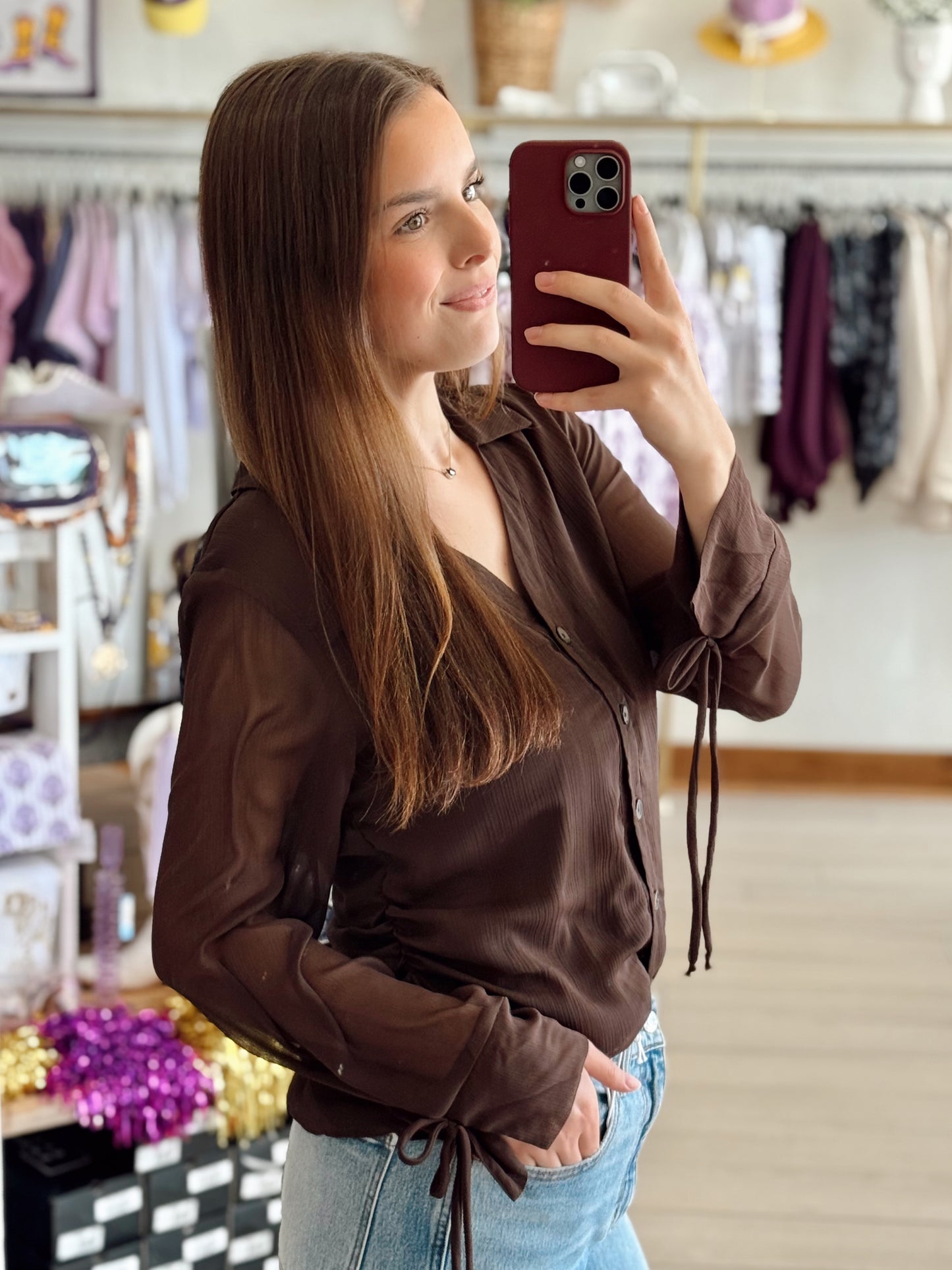 Mocha Sheer Button-Up