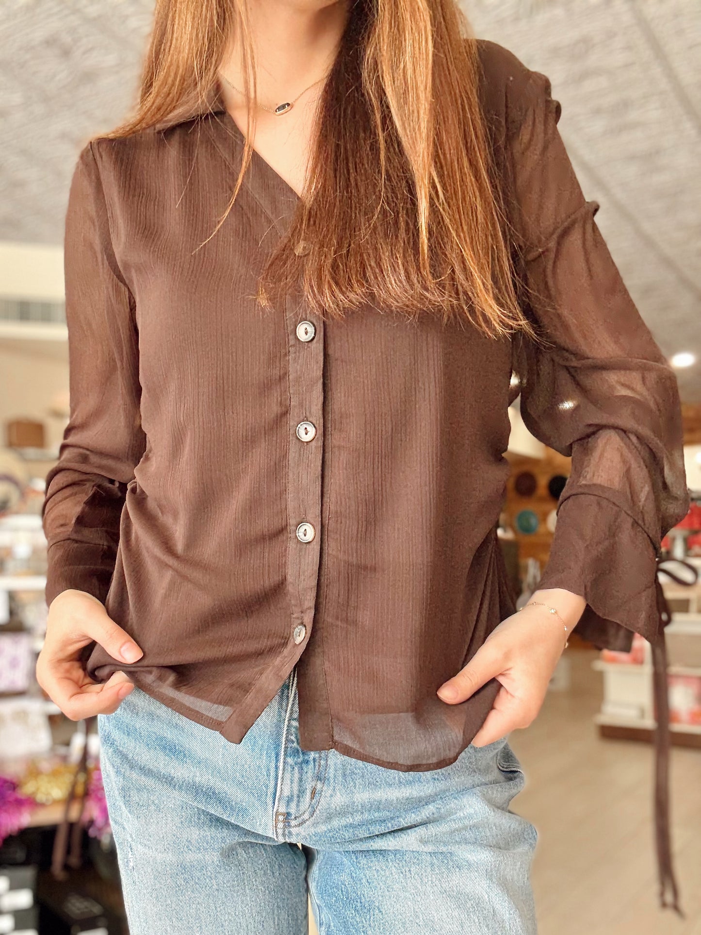 Mocha Sheer Button-Up