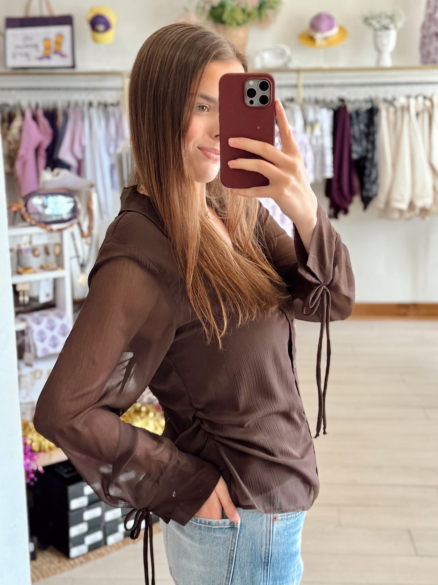 Mocha Sheer Button-Up