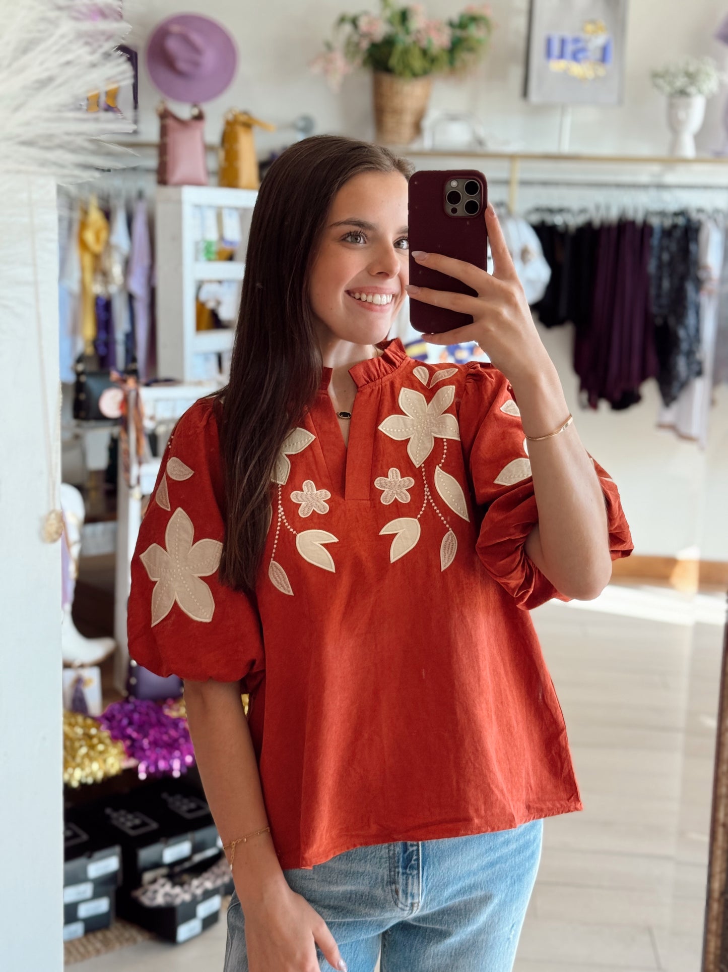 Rust Petal Embroidered Blouse