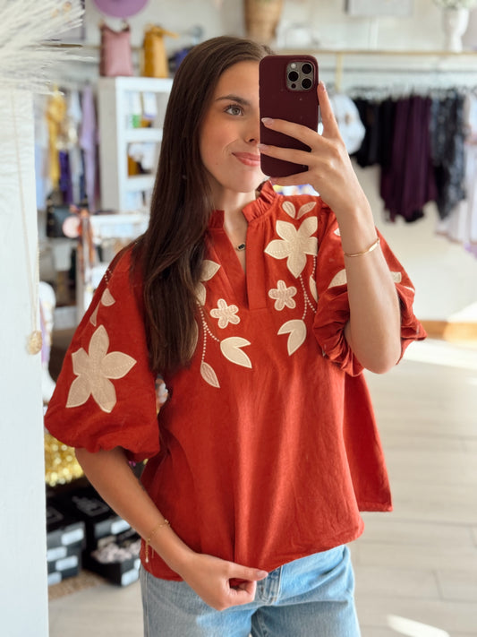 Rust Petal Embroidered Blouse