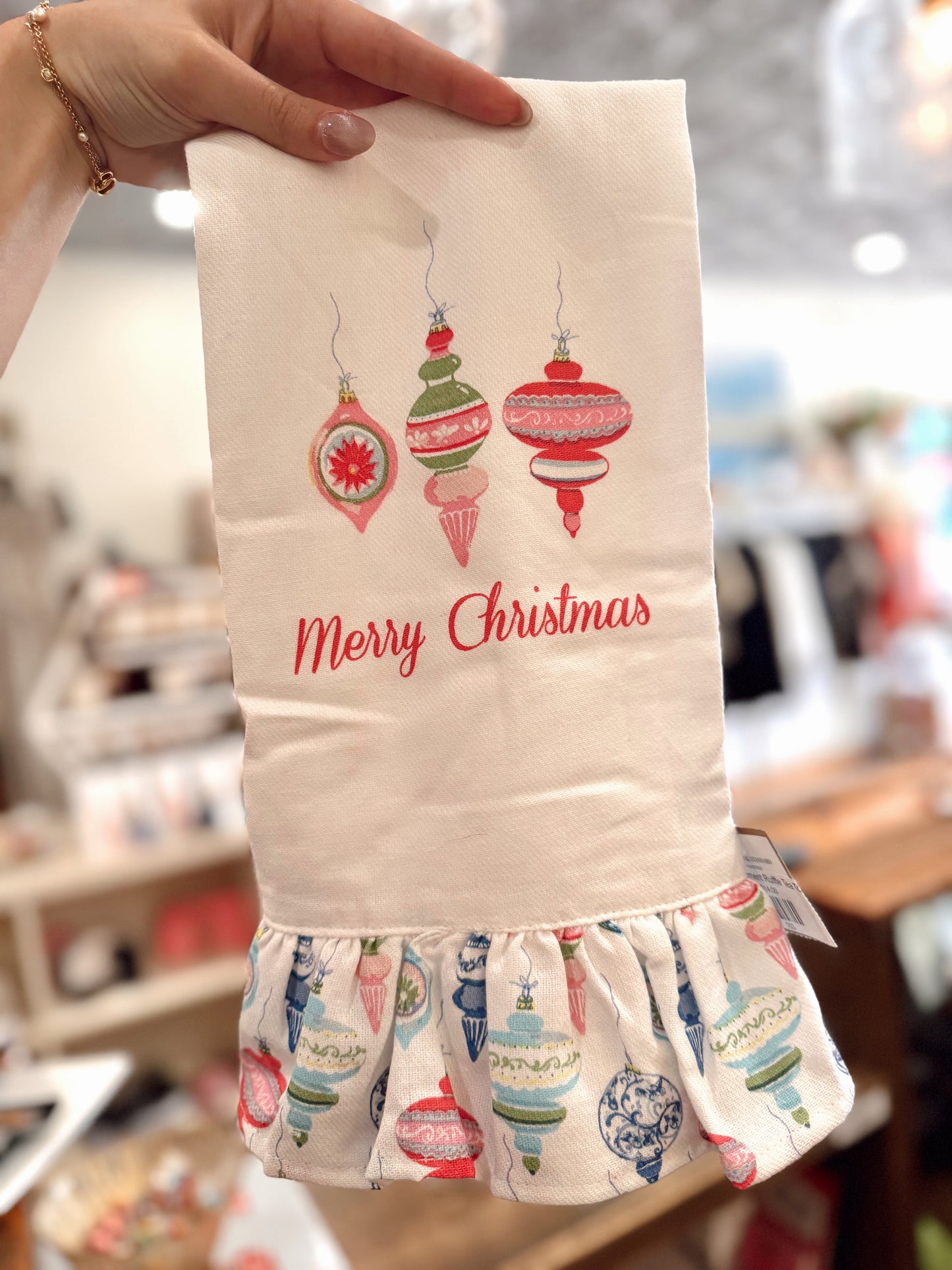 Merry Ornament Ruffle Tea Towel
