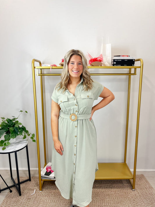 Collard Button Down Belted Midi Dress