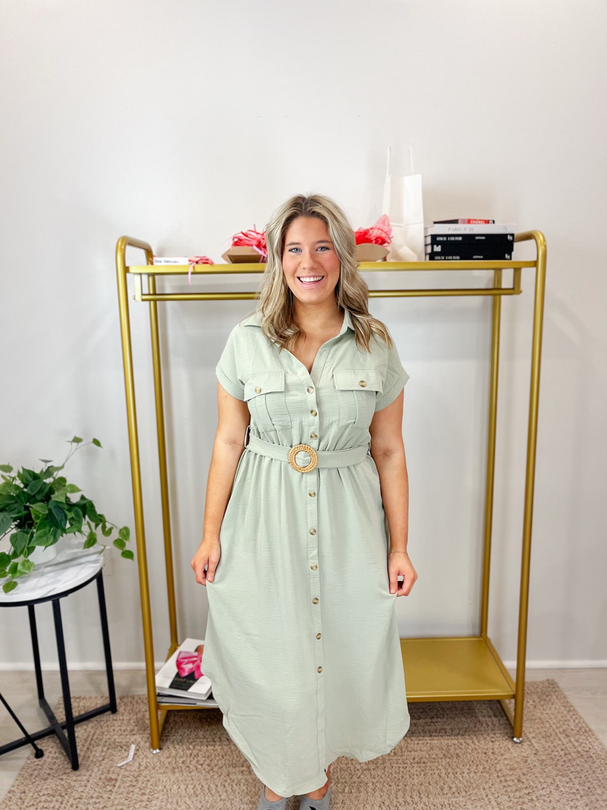 Collard Button Down Belted Midi Dress