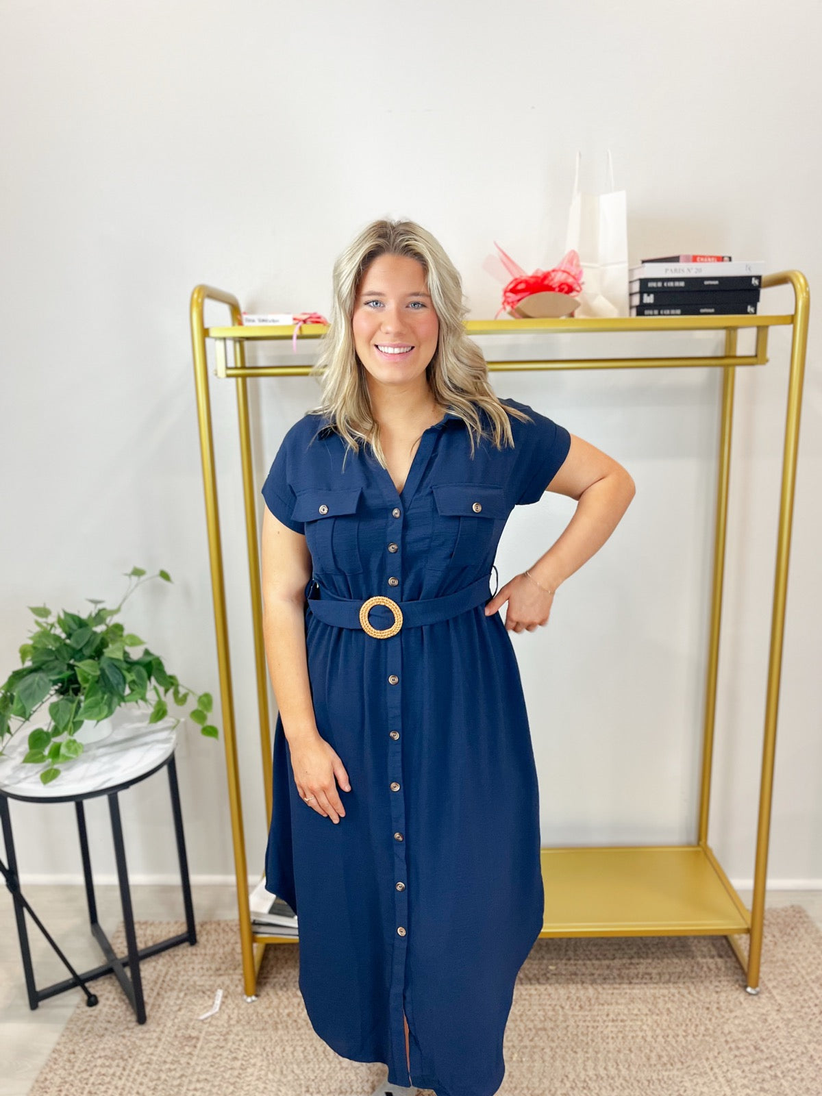 Collard Button Down Belted Midi Dress