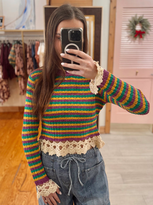 Mardi Gras Stripe Sweater Top with Crochet Edge