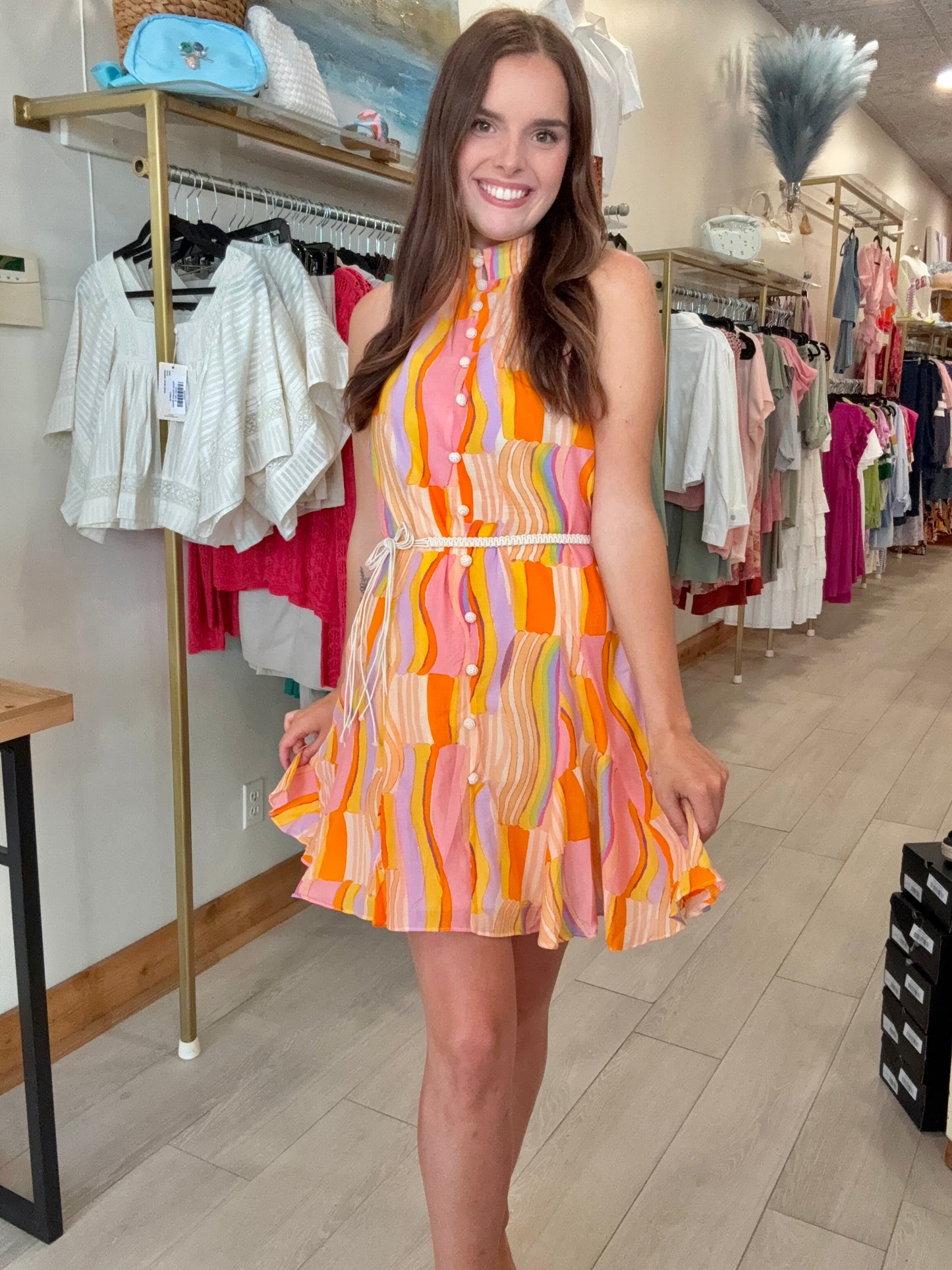 Abstract Allure Halter Neck Dress With Belt