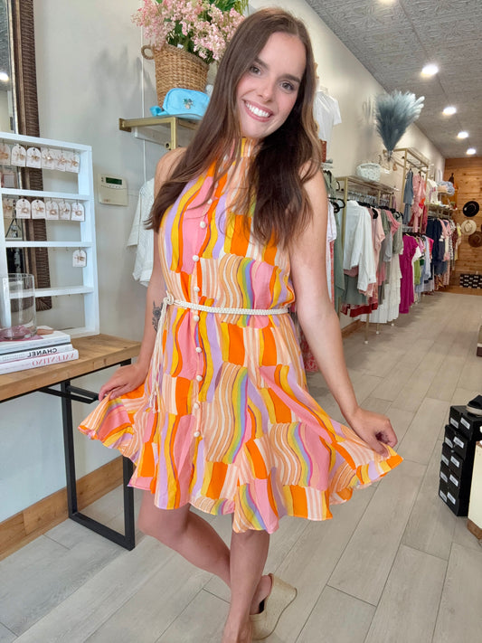 Abstract Allure Halter Neck Dress With Belt