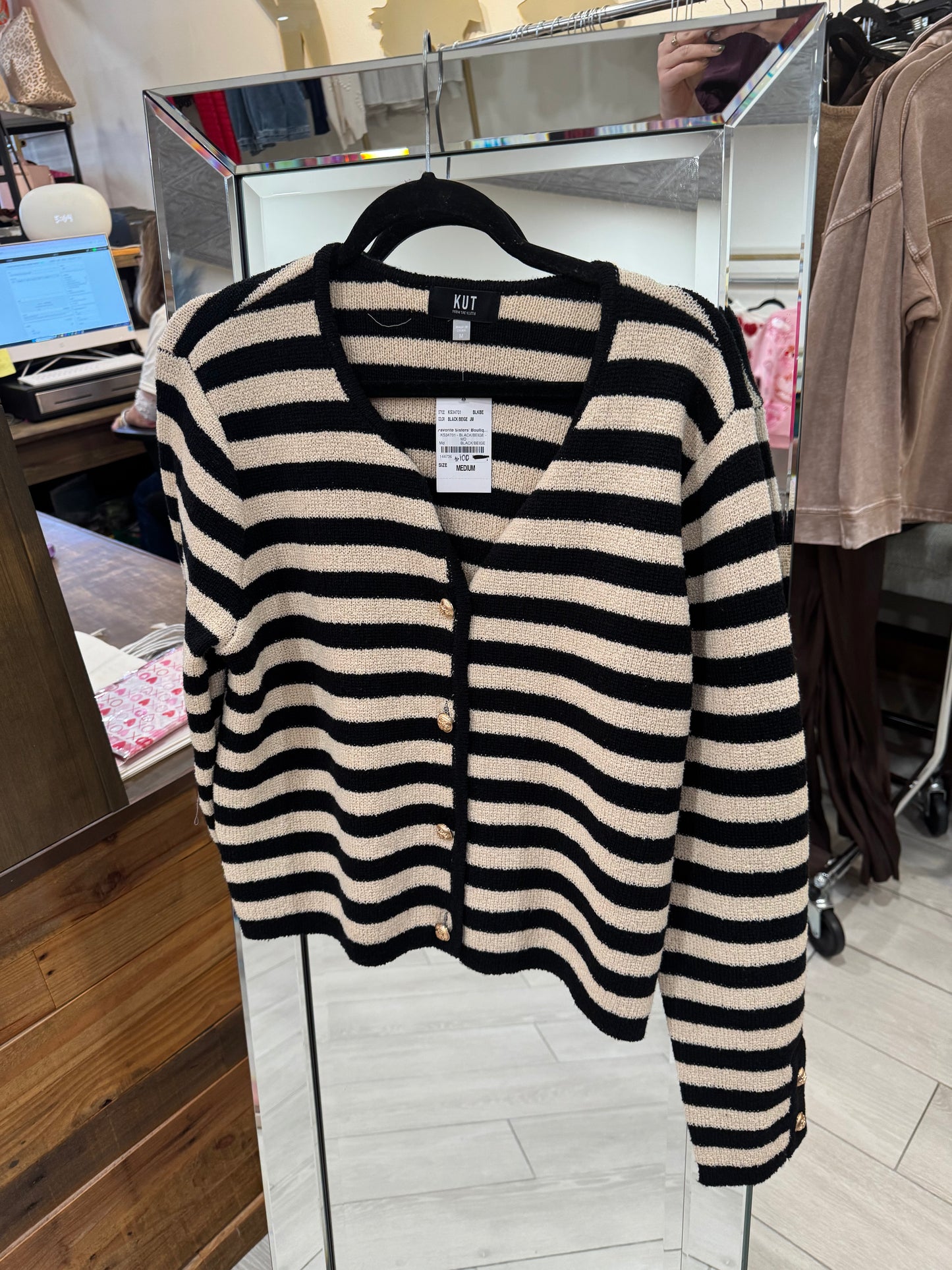 Cream and black stripe cardigan sweater