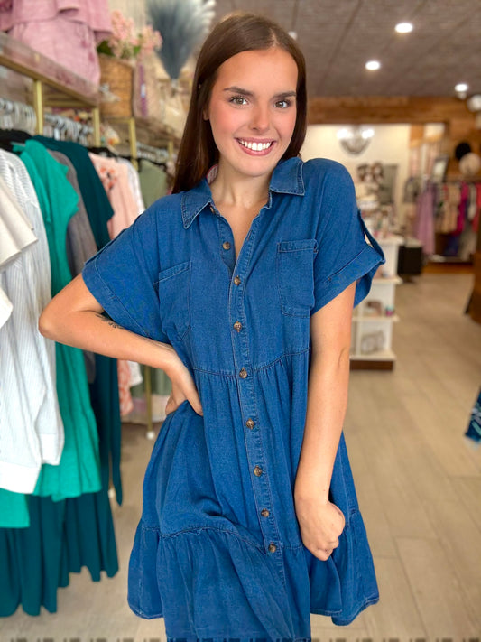 Dark Chambray Collared Button Down Shirt Dress