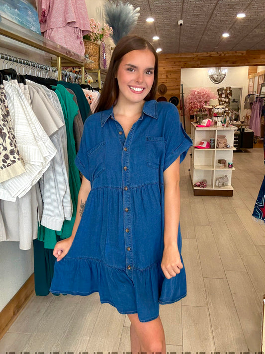 Dark Chambray Collared Button Down Shirt Dress
