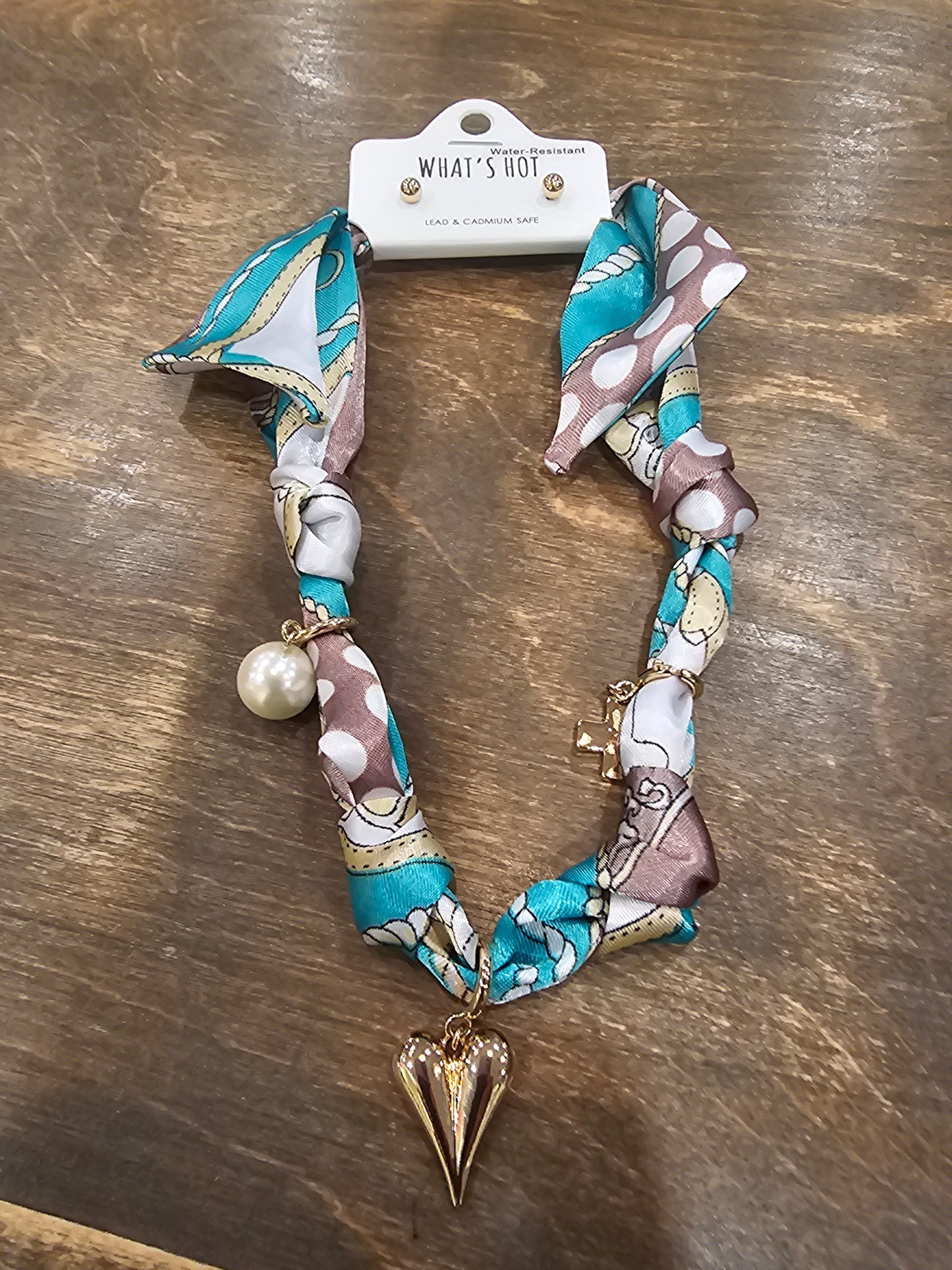 Teal with pearl cross and heart scarf necklace