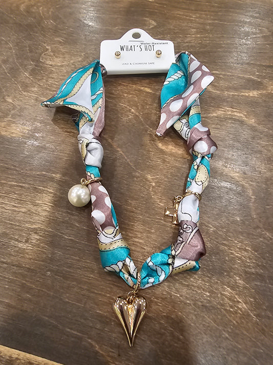 Teal with pearl cross and heart scarf necklace