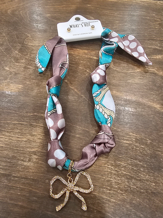 Teal with bow scarf necklace