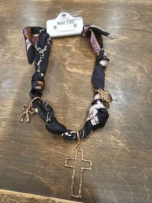 Black heart cross and bow scarf necklace